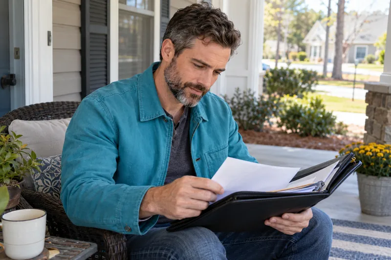 A visitor looking through a document pouch on a home porch before a planned appointment