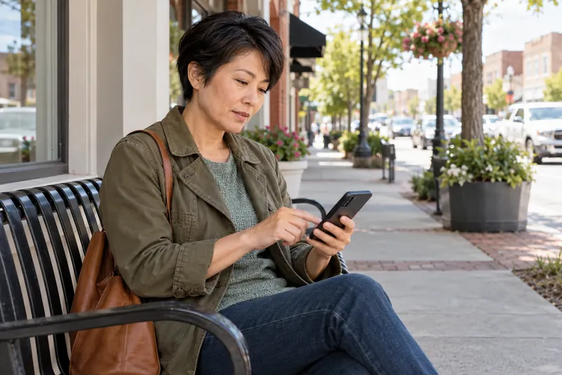 A visitor checking directions on a phone beside a small-town sidewalk bench, preparing for an appointment
