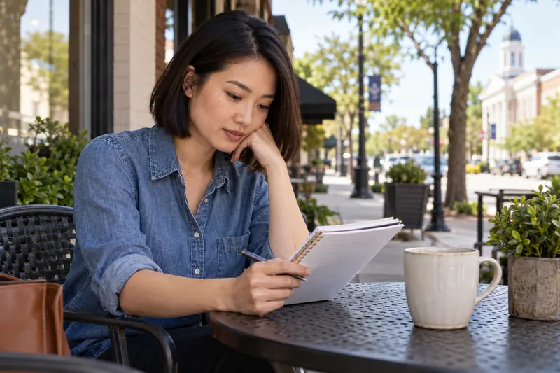 A visitor reviewing an appointment note at an outdoor cafe table before a local office visit