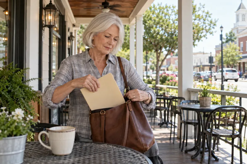 A visitor putting an unbranded document folder into a shoulder bag on a covered porch before going out