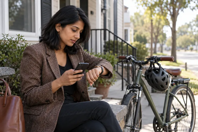 A visitor checking a watch and a phone beside a parked bicycle before a daytime appointment