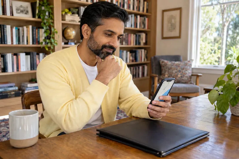 A visitor sitting at a public-library table with a phone map and a closed document folder