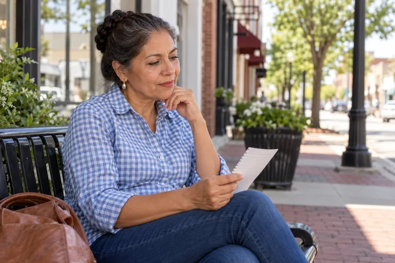A visitor reviewing a short handwritten checklist on a park bench near a town shopping street
