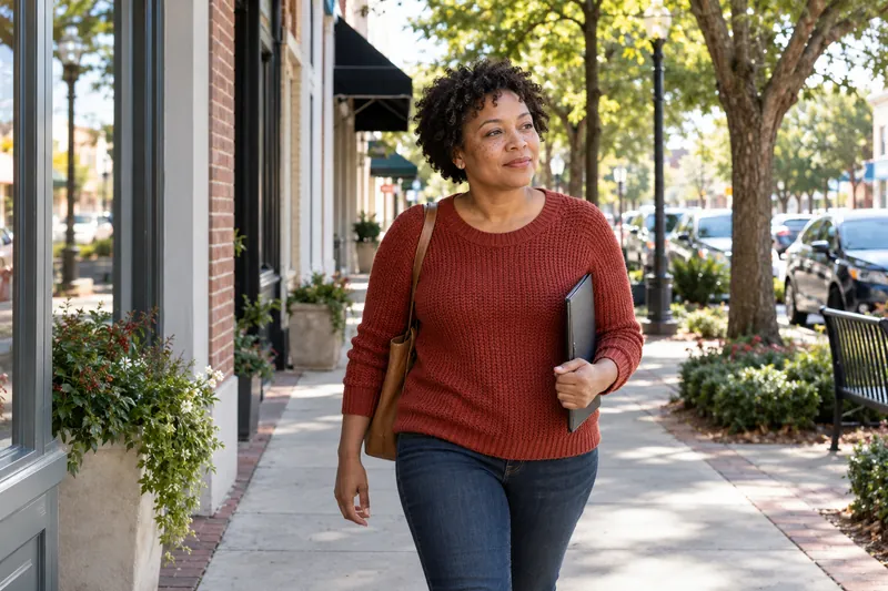 A visitor arriving on foot along a tree-lined neighborhood commercial street, carrying a slim folder