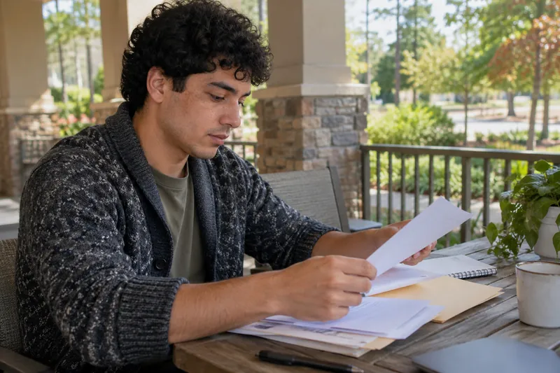 A visitor sitting on a shaded community-center veranda, organizing documents before a local visit