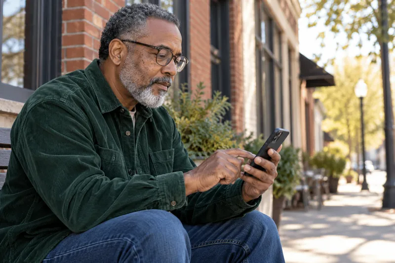 A visitor checking an address on a phone outside an unbranded mixed-use brick building
