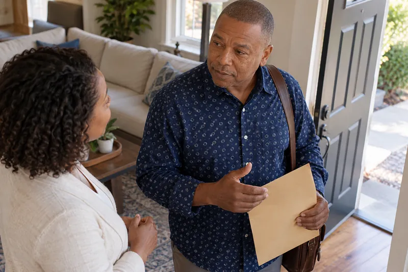 A visitor talking with a companion at a home doorway before leaving with a document envelope