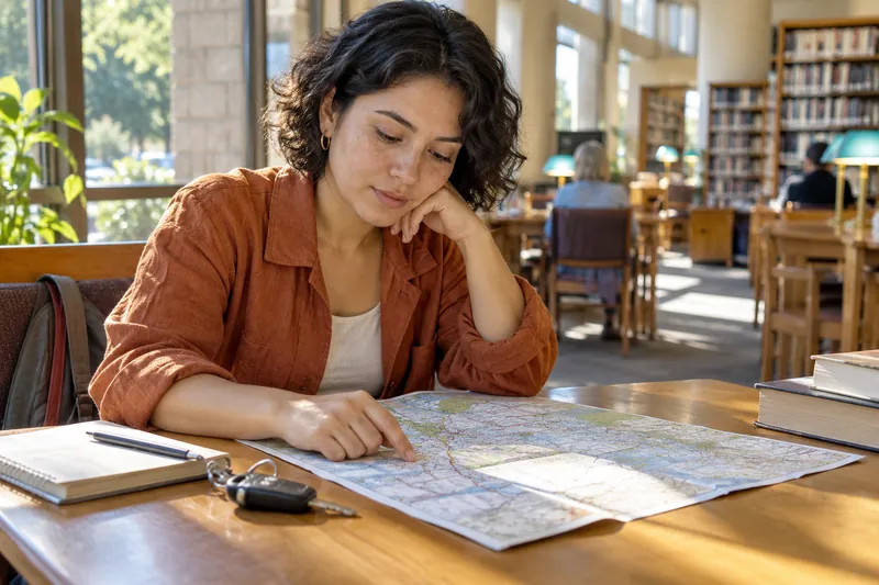 A visitor planning a trip using a town map at a kitchen table, with a car key nearby