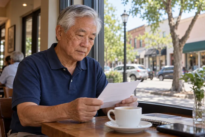 A visitor reading an appointment reminder by a cafe window overlooking an ordinary main street