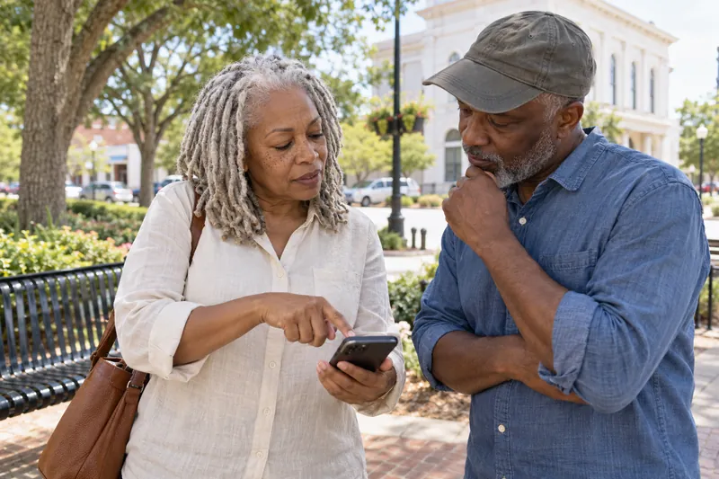 A visitor asking a companion for directions while pointing at a phone map near a public bench