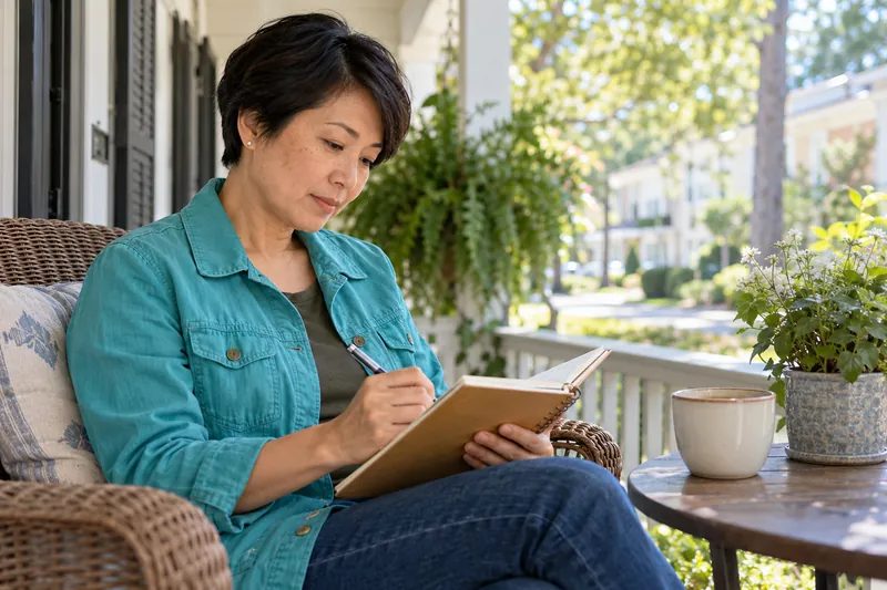 A visitor checking a local opening-hours note in a notebook on a sunny front porch