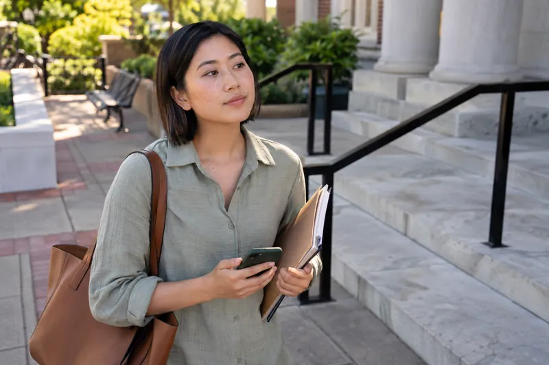 A visitor taking a pause on a pedestrian walkway with a document tote and phone in hand