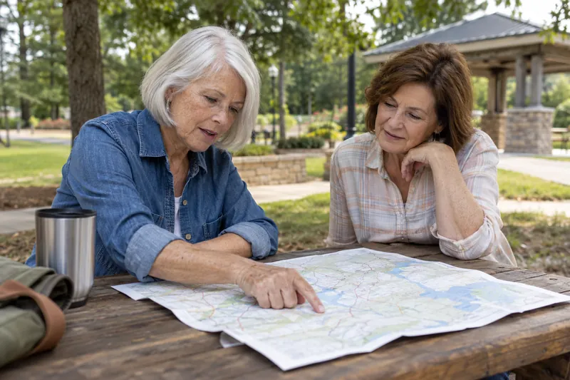 A visitor reviewing a map with a friend at a picnic table in a small public park
