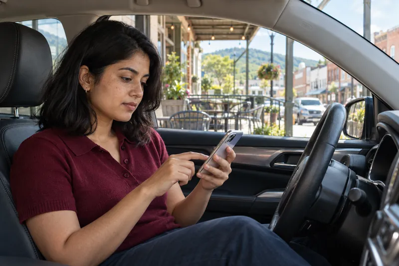 A visitor sitting in a parked car checking a phone route before setting off, car stationary