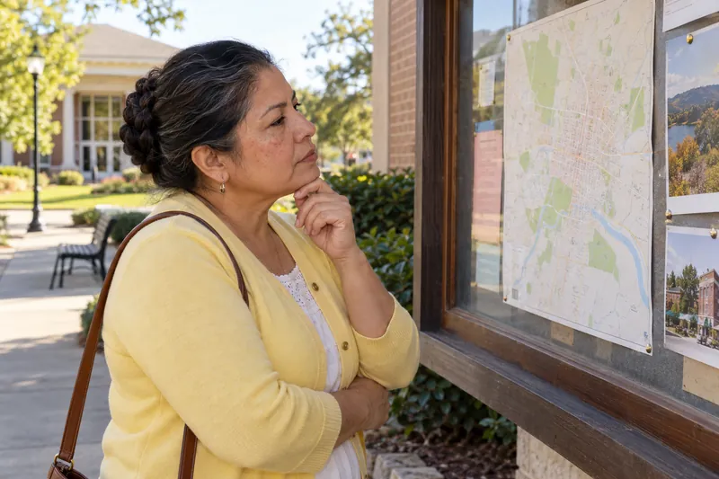 A visitor looking at a simple town map beside a library noticeboard with no readable text