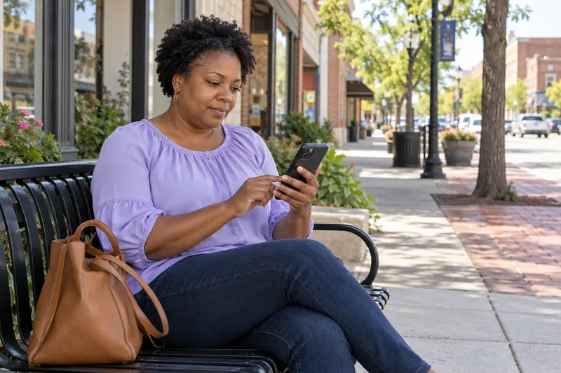 A visitor checking directions on a phone beside a small-town sidewalk bench, preparing for an appointment