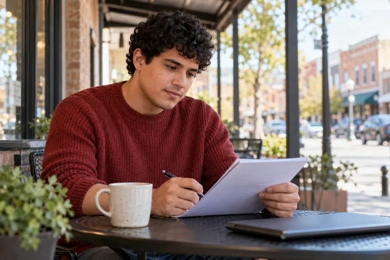 A visitor reviewing an appointment note at an outdoor cafe table before a local office visit