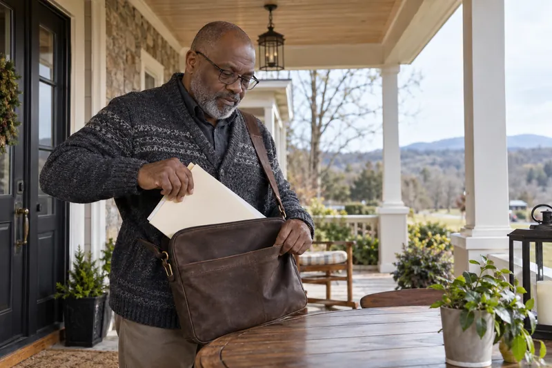 A visitor putting an unbranded document folder into a shoulder bag on a covered porch before going out