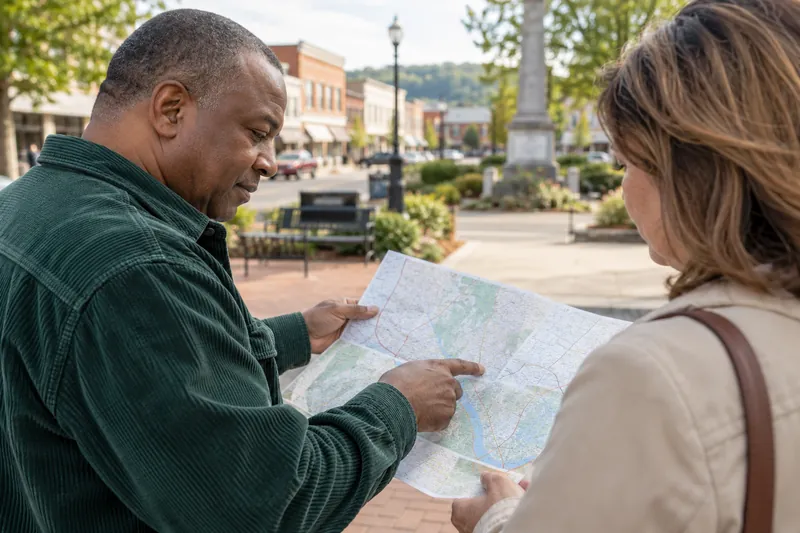 A visitor consulting a folded street map on a pedestrian square with a companion