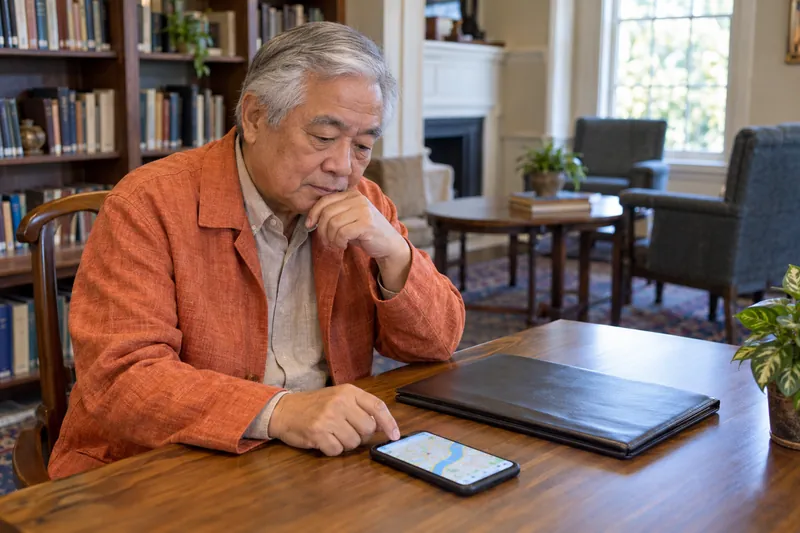 A visitor sitting at a public-library table with a phone map and a closed document folder