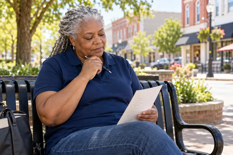 A visitor reviewing a short handwritten checklist on a park bench near a town shopping street