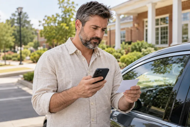 A visitor standing beside a parked car, comparing a blank appointment card with phone directions
