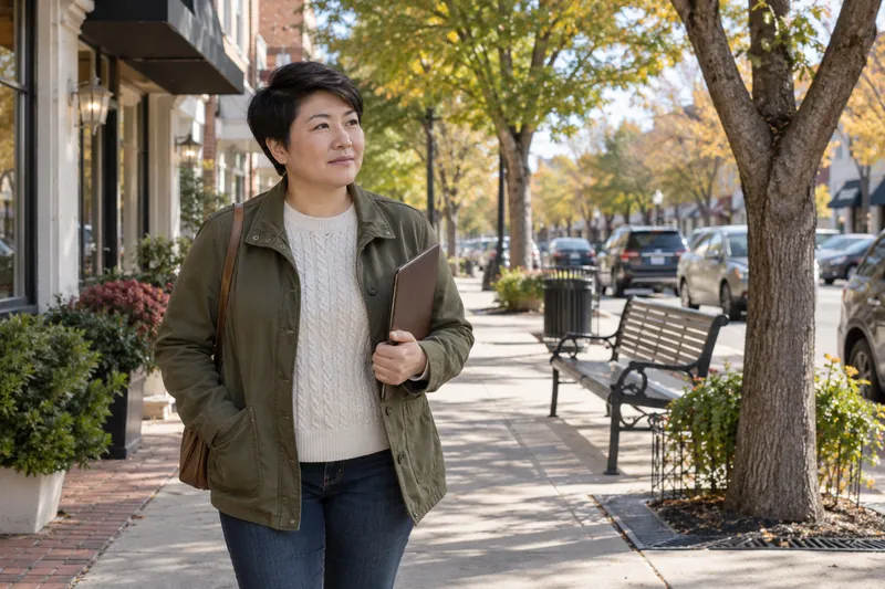 A visitor arriving on foot along a tree-lined neighborhood commercial street, carrying a slim folder