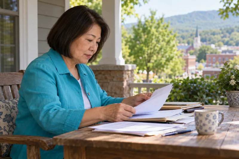 A visitor sitting on a shaded community-center veranda, organizing documents before a local visit