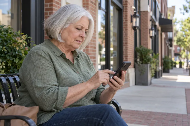 A visitor checking an address on a phone outside an unbranded mixed-use brick building