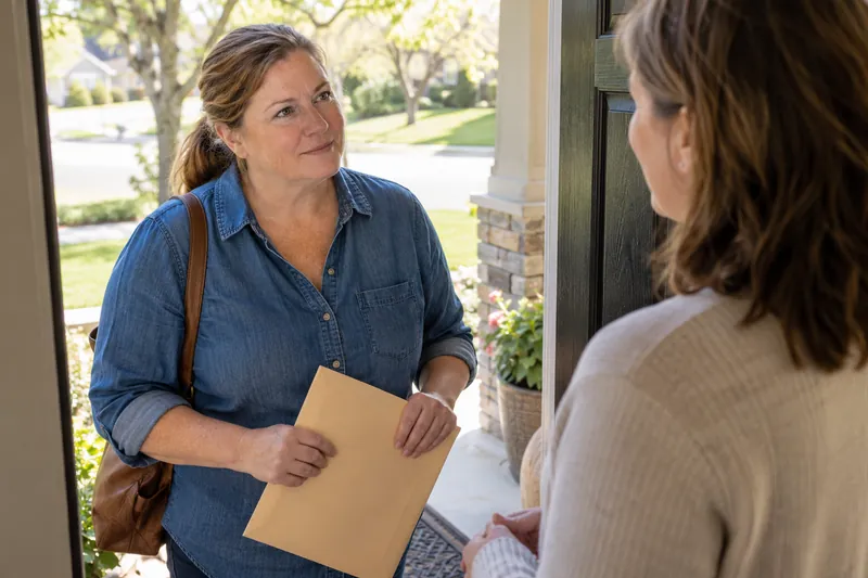 A visitor talking with a companion at a home doorway before leaving with a document envelope