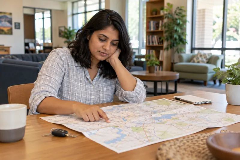 A visitor planning a trip using a town map at a kitchen table, with a car key nearby