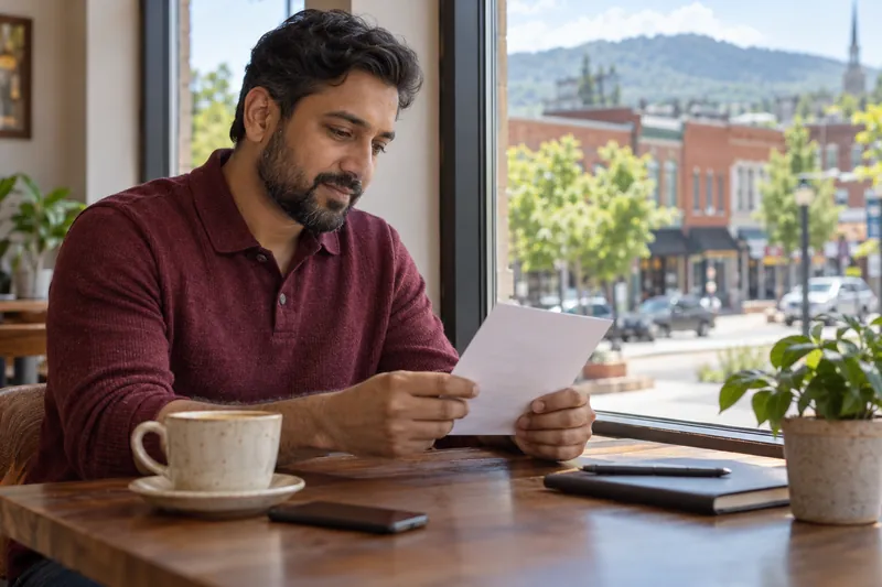 A visitor reading an appointment reminder by a cafe window overlooking an ordinary main street