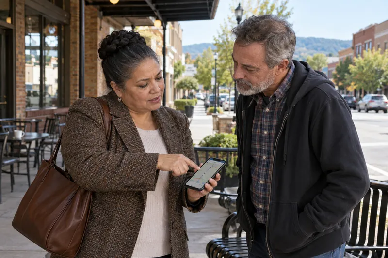 A visitor asking a companion for directions while pointing at a phone map near a public bench