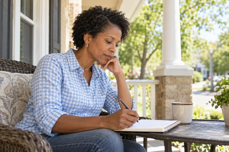 A visitor checking a local opening-hours note in a notebook on a sunny front porch