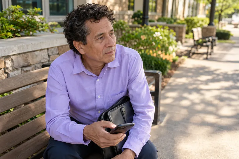 A visitor taking a pause on a pedestrian walkway with a document tote and phone in hand