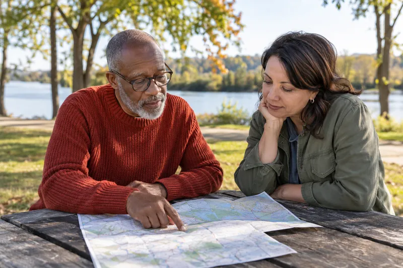 A visitor reviewing a map with a friend at a picnic table in a small public park