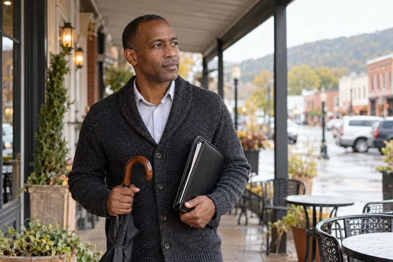 A visitor standing under a storefront awning with a closed umbrella and appointment folder