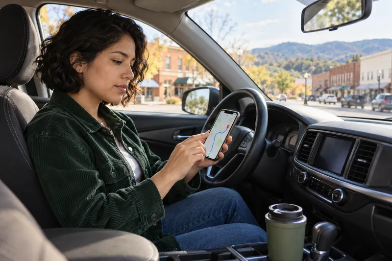 A visitor sitting in a parked car checking a phone route before setting off, car stationary