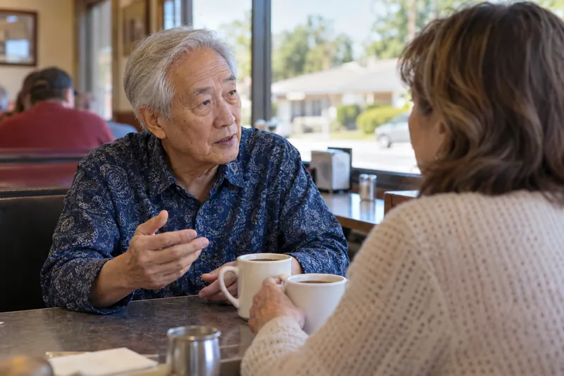 A visitor discussing a local errand over coffee in a modest neighborhood diner