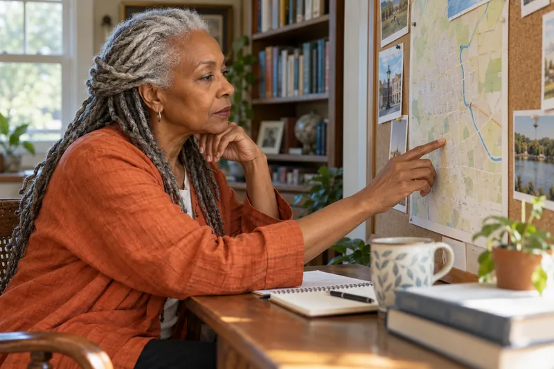 A visitor looking at a simple town map beside a library noticeboard with no readable text