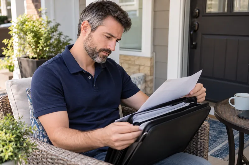 A visitor looking through a document pouch on a home porch before a planned appointment