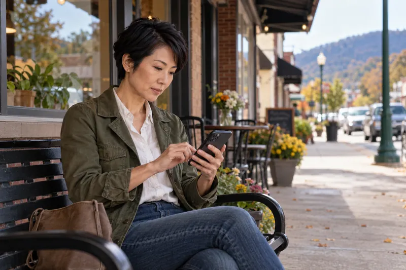 A visitor checking directions on a phone beside a small-town sidewalk bench, preparing for an appointment