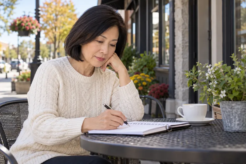 A visitor reviewing an appointment note at an outdoor cafe table before a local office visit