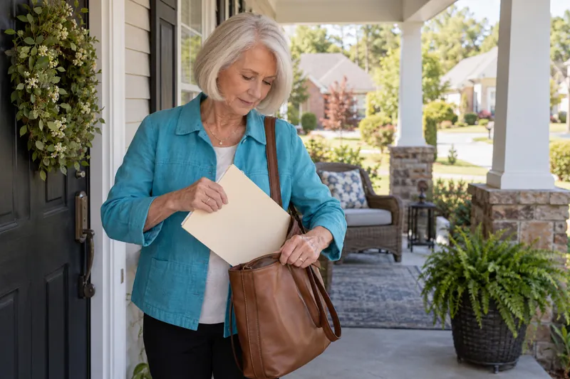 A visitor putting an unbranded document folder into a shoulder bag on a covered porch before going out