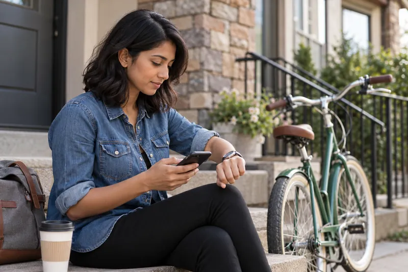 A visitor checking a watch and a phone beside a parked bicycle before a daytime appointment