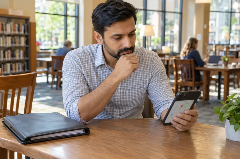 A visitor sitting at a public-library table with a phone map and a closed document folder