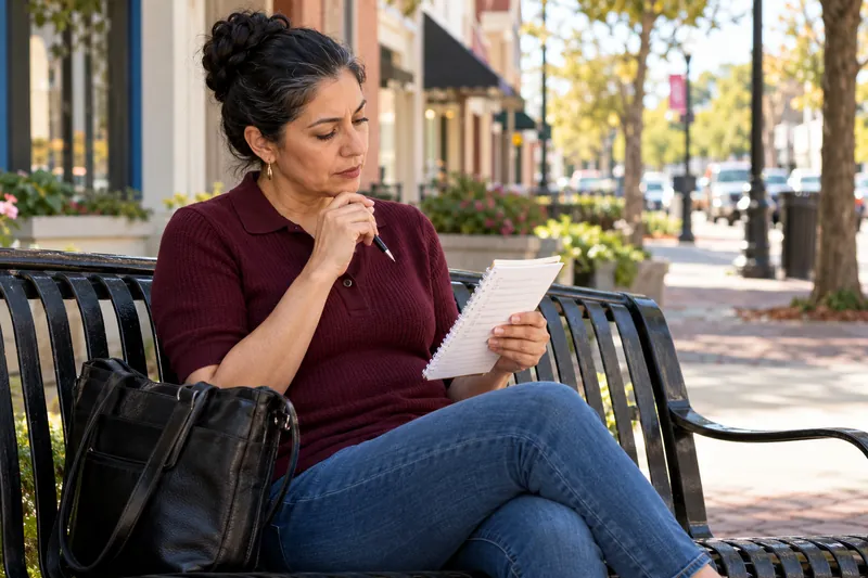 A visitor reviewing a short handwritten checklist on a park bench near a town shopping street