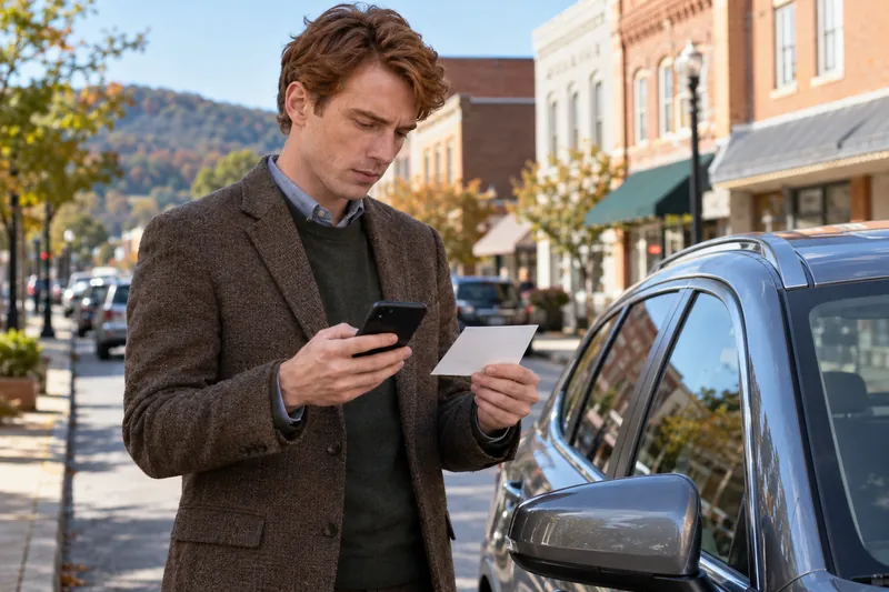 A visitor standing beside a parked car, comparing a blank appointment card with phone directions