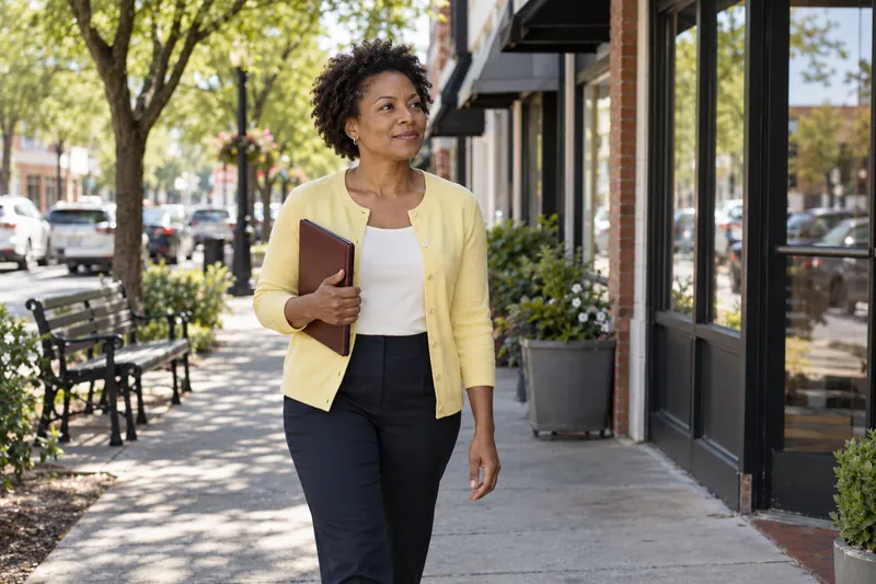 A visitor arriving on foot along a tree-lined neighborhood commercial street, carrying a slim folder