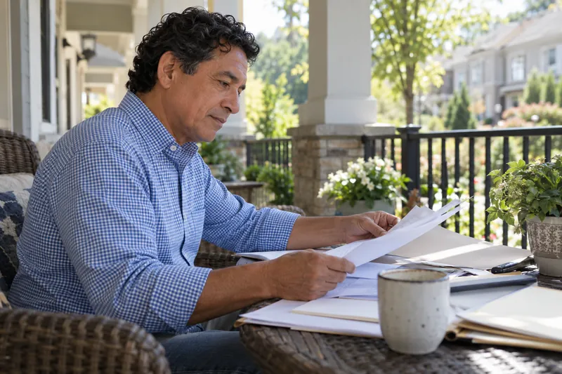 A visitor sitting on a shaded community-center veranda, organizing documents before a local visit